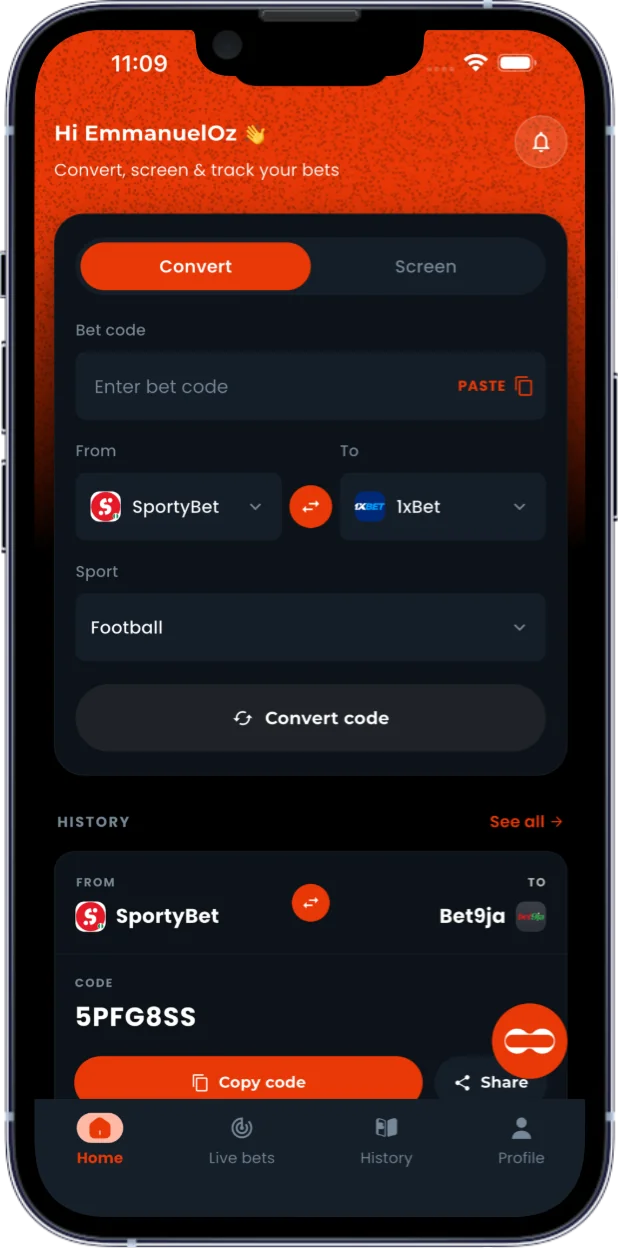 Boorook app screen: Convert bet codes instantly