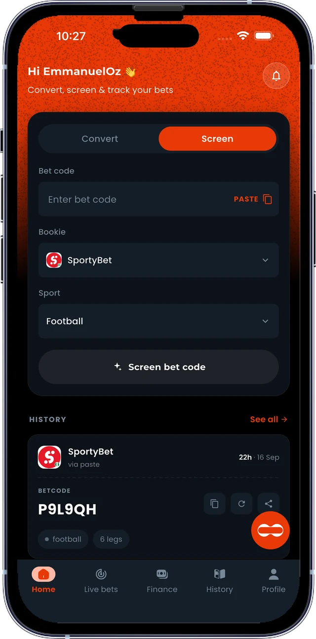 Boorook home screen with the bet code screening form